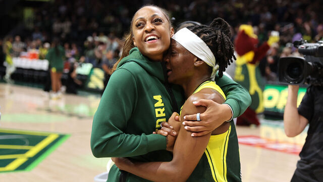 SEATTLE, WA - SEPTEMBER 9: Tiffany Mitchell #25 hugs Erica Wheeler #17 of the Seattle Storm after the game against the Golden State Valkyries on September 9, 2025 at Climate Pledge Arena in Seattle, Washington. Mandatory Copyright Notice: Copyright 2025 NBAE