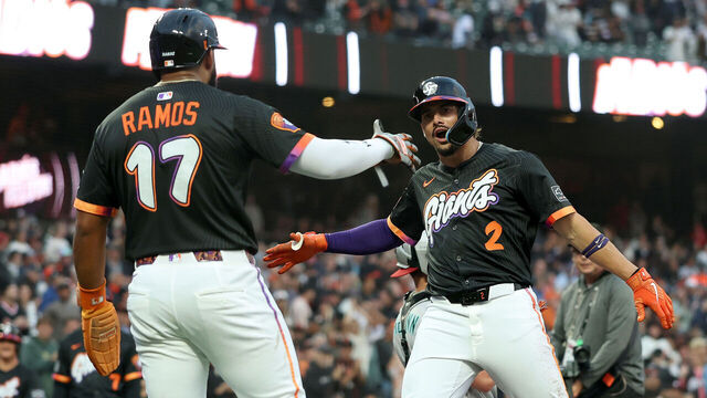 SAN FRANCISCO, CALIFORNIA - SEPTEMBER 09: Willy Adames #2 of the San Francisco Giants is congratulated by Heliot Ramos #17 after he hit a three-run home run off of Zac Gallen #23 of the Arizona Diamondbacks in the first inning at Oracle Park on September 09, 2025 in San Francisco, California.
