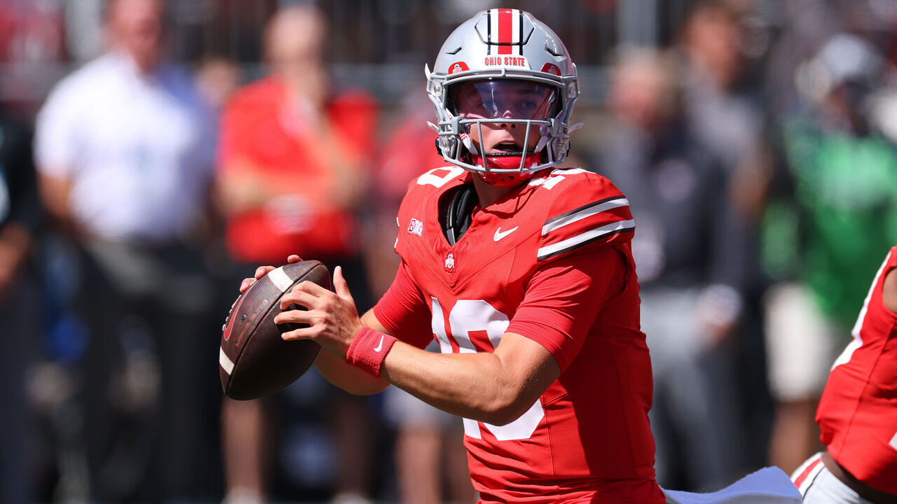 COLUMBUS, OHIO - AUGUST 30: Julian Sayin #10 of the Ohio State Buckeyes plays against the Texas Longhorns at Ohio Stadium on August 30, 2025 in Columbus, Ohio.