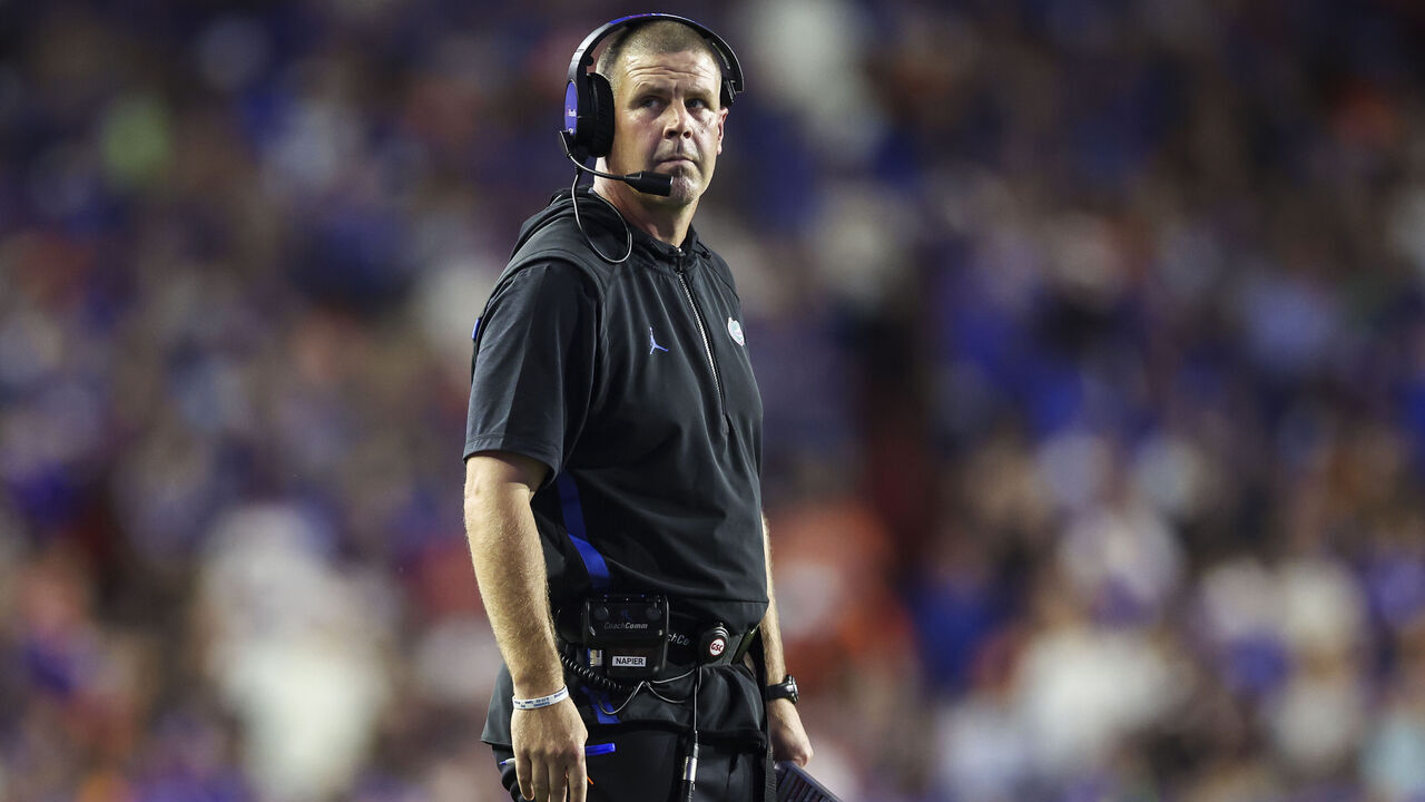 GAINESVILLE, FLORIDA - AUGUST 30: Head coach Billy Napier of the Florida Gators looks on during the second half of a game against the Long Island Sharks at Ben Hill Griffin Stadium on August 30, 2025 in Gainesville, Florida.