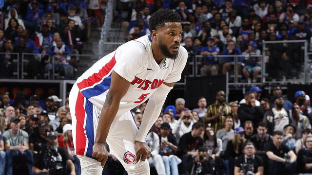 DETROIT, MI - APRIL 27: Miles McBride #2 of the New York Knicks and Malik Beasley #5 of the Detroit Pistons looks on during the game during Round 1 Game 4 of the 2025 NBA Playoffs on April 27, 2025 at Little Caesars Arena in Detroit, Michigan. NOTE TO USER: User expressly acknowledges and agrees that, by downloading and/or using this photograph, User is consenting to the terms and conditions of the Getty Images License Agreement. Mandatory Copyright Notice: Copyright 2025 NBAE
