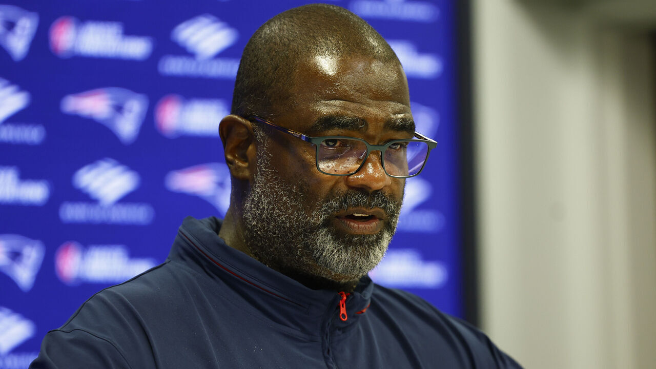 Foxborough, MA - September 4: New England Patriots defensive coordinator Terrell Williams talks to reporters after practice at Gillette Stadium on September 4, 2025.