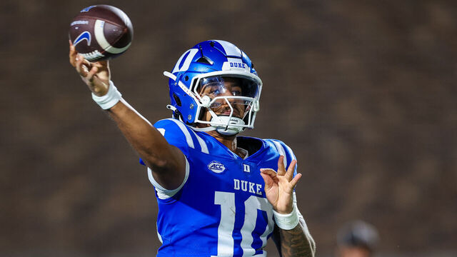 DURHAM, NORTH CAROLINA - AUGUST 28: Darian Mensah #10 of the Duke Blue Devils looks to pass the ball during the second half of a football game against the Elon Phoenix at Wallace Wade Stadium on August 28, 2025 in Durham, North Carolina.