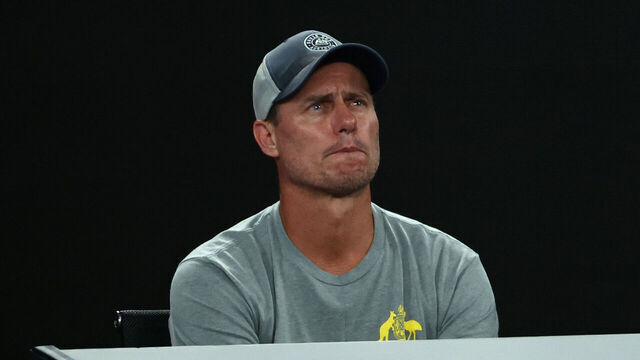 MELBOURNE, AUSTRALIA - JANUARY 20: Lleyton Hewitt watches on in the Men's Singles Fourth Round match between Alex Michelsen of the United States and Alex de Minaur of Australia during day nine of the 2025 Australian Open at Melbourne Park on January 20, 2025 in Melbourne, Australia.