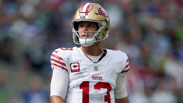 SEATTLE, WASHINGTON - SEPTEMBER 07: Brock Purdy #13 of the San Francisco 49ers looks on during the NFL 2025 game between San Francisco 49ers and Seattle Seahawks at Lumen Field on September 07, 2025 in Seattle, Washington.