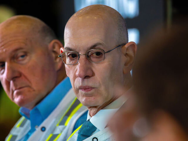 INGLEWOOD, CA - JANUARY 16: Clippers owner Steve Ballmer, left, and NBA Commissioner Adam Silver have announced that the 2026 NBA All-Star Game will be held at the team's new Inglewood arena, the Intuit Dome. Press conference held at Intuit Dome on Tuesday, Jan. 16, 2024 in Inglewood, CA. (Irfan Khan / Los Angeles Times via Getty Images)