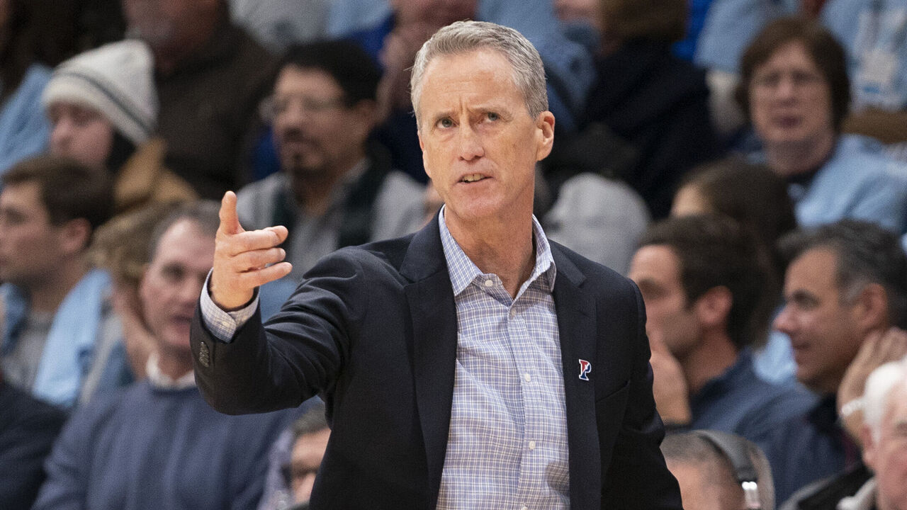 VILLANOVA, PA - DECEMBER 04: Head coach Steve Donahue of the Pennsylvania Quakers points against the Villanova Wildcats at Finneran Pavilion on December 4, 2019 in Villanova, Pennsylvania.