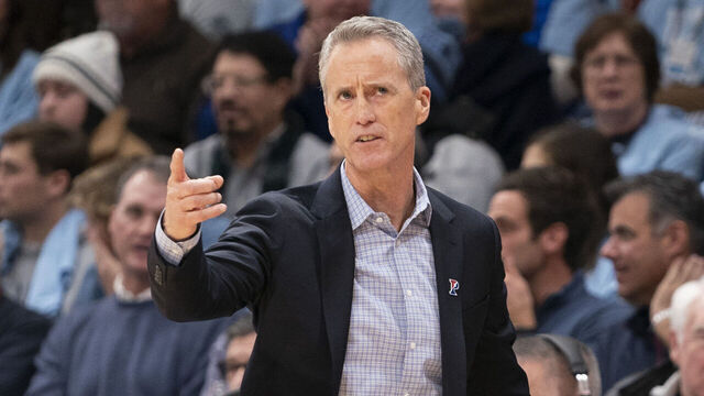 VILLANOVA, PA - DECEMBER 04: Head coach Steve Donahue of the Pennsylvania Quakers points against the Villanova Wildcats at Finneran Pavilion on December 4, 2019 in Villanova, Pennsylvania.