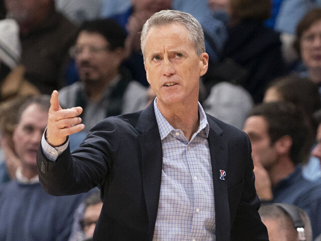 VILLANOVA, PA - DECEMBER 04: Head coach Steve Donahue of the Pennsylvania Quakers points against the Villanova Wildcats at Finneran Pavilion on December 4, 2019 in Villanova, Pennsylvania.