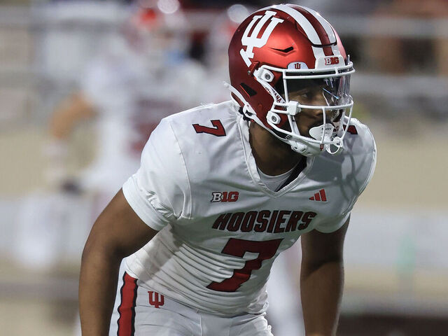BLOOMINGTON, INDIANA - APRIL 17: Louis Moore #7 of the Indiana Hoosiers looks on during the Indiana spring game at Memorial Stadium on April 17, 2025 in Bloomington, Indiana.