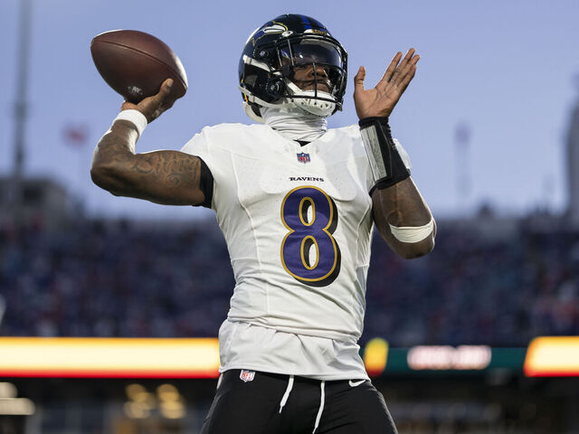 ORCHARD PARK, NEW YORK - SEPTEMBER 7: Lamar Jackson #8 of the Baltimore Ravens looks to pass prior to an NFL football game against the Buffalo Bills at Highmark Stadium on September 07, 2025 in Orchard Park, New York.