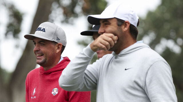 NAPA, CALIFORNIA - SEPTEMBER 10: Keegan Bradley talks with Scottie Scheffler and his caddie Ted Scott on the 17th hole prior to the Procore Championship 2025 at Silverado Resort and Spa on September 10, 2025 in Napa, California.