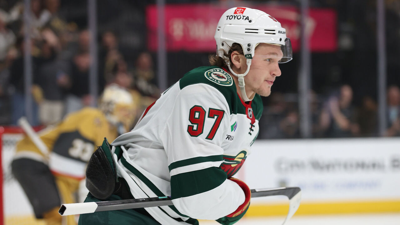 LAS VEGAS, NEVADA - APRIL 29: Kirill Kaprizov #97 of the Minnesota Wild celebrates after a goal during the first period of Game Five of the First Round of the 2025 Stanley Cup Playoffs against the Vegas Golden Knights at T-Mobile Arena on April 29, 2025 in Las Vegas, Nevada.