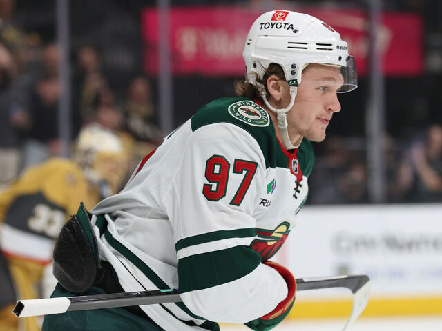 LAS VEGAS, NEVADA - APRIL 29: Kirill Kaprizov #97 of the Minnesota Wild celebrates after a goal during the first period of Game Five of the First Round of the 2025 Stanley Cup Playoffs against the Vegas Golden Knights at T-Mobile Arena on April 29, 2025 in Las Vegas, Nevada.