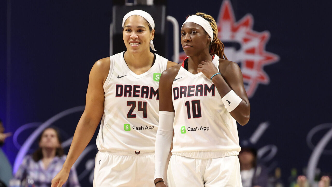 UNCASVILLE, CT - SEPTEMBER 10: Brionna Jones #24 and Rhyne Howard #10 of the Atlanta Dream smiles during the game against the Connecticut Sun on September 10, 2025 at the Mohegan Sun Arena in Uncasville, Connecticut. Mandatory Copyright Notice: Copyright 2025 NBAE