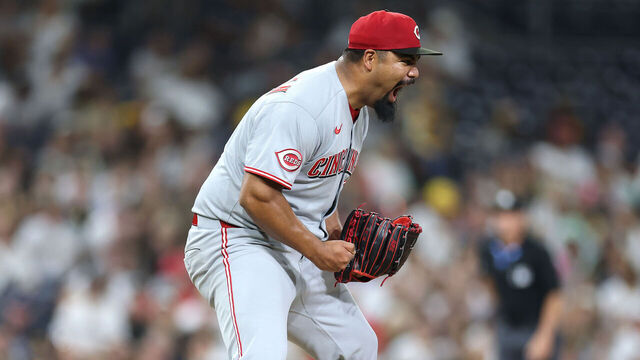 SAN DIEGO, CALIFORNIA - SEPTEMBER 10: Tony Santillan #64 of the Cincinnati Reds reacts after striking out Bryce Johnson #29 of the San Diego Padres during the ninth inning of a game at Petco Park on September 10, 2025 in San Diego, California. THe Cincinnati Reds defeated the San Diego Padres 2-1.