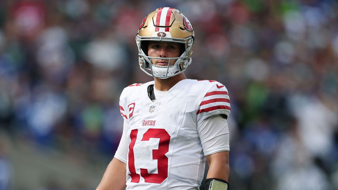 SEATTLE, WASHINGTON - SEPTEMBER 07: Brock Purdy #13 of the San Francisco 49ers looks on during the fourth quarter against the Seattle Seahawks during the game at Lumen Field on September 07, 2025 in Seattle, Washington.