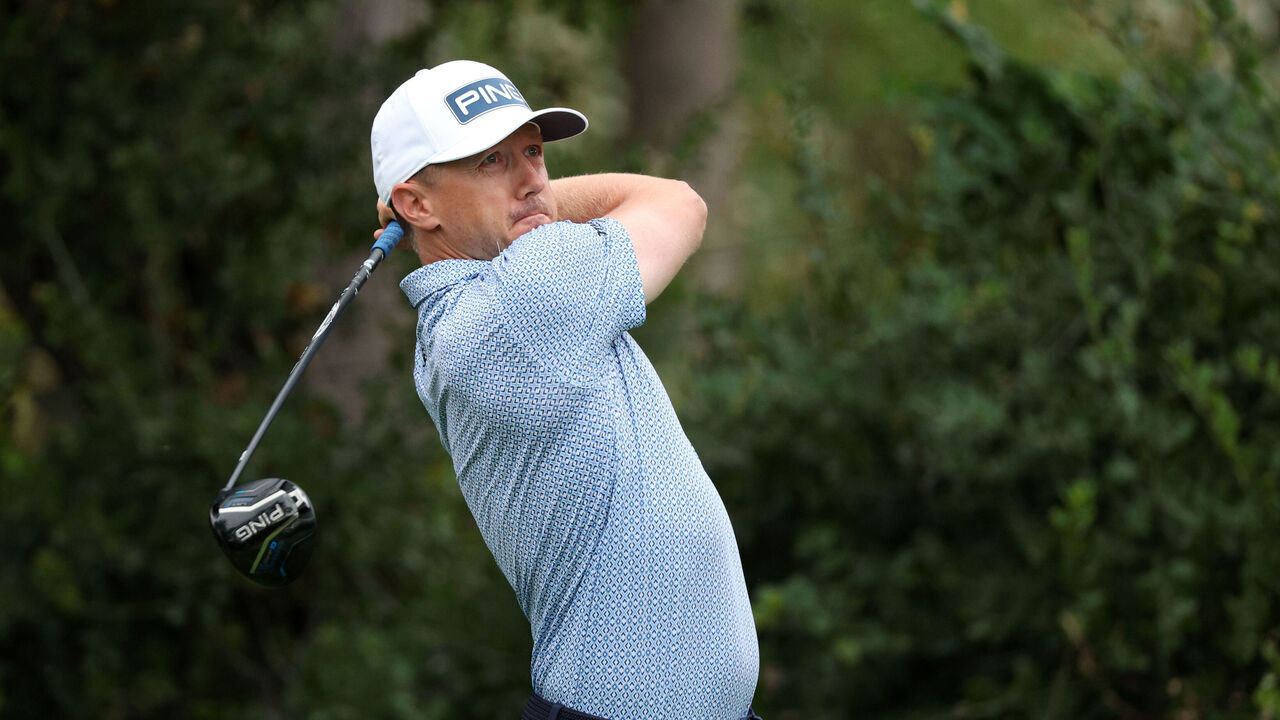 NAPA, CALIFORNIA - SEPTEMBER 11: Mackenzie Hughes of Canada plays his shot from the fifth tee during the first round of the Procore Championship 2025 at Silverado Resort and Spa on September 11, 2025 in Napa, California.