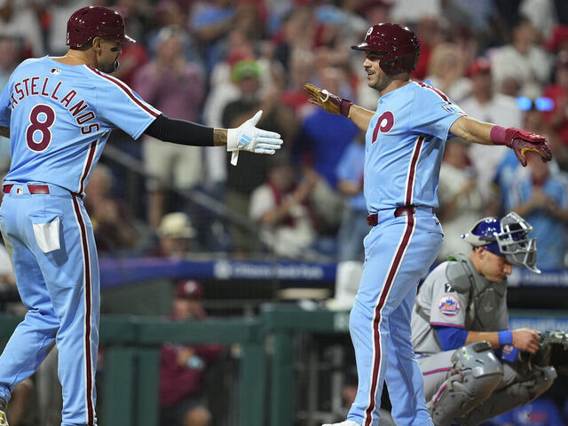 PHILADELPHIA, PENNSYLVANIA - SEPTEMBER 11: Otto Kemp #4 of the Philadelphia Phillies celebrates with Nick Castellanos #8 after hitting a two run home run in the bottom of the fourth inning against the New York Mets at Citizens Bank Park on September 11, 2025 in Philadelphia, Pennsylvania. The Phillies defeated the Mets 6-4.
