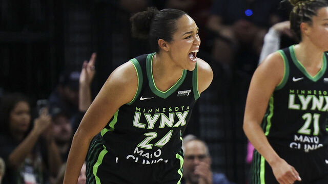 MINNEAPOLIS, MINNESOTA - SEPTEMBER 11: Napheesa Collier #24 of the Minnesota Lynx celebrates after scoring during the first quarter against the Golden State Valkyries at Target Center on September 11, 2025 in Minneapolis, Minnesota.