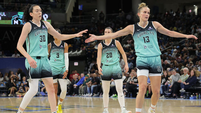 CHICAGO, IL - SEPTEMBER 11: Breanna Stewart #30 of the New York Liberty and Leonie Fiebich #13 of the New York Liberty reacts during the first half against the Chicago Sky on September 11, 2025 at Wintrust Arena in Chicago, Illinois.