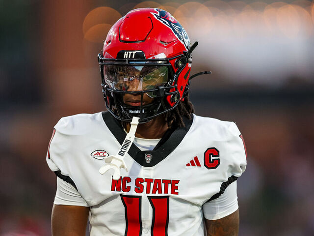 WINSTON-SALEM, NORTH CAROLINA - SEPTEMBER 11: CJ Bailey #11 of the North Carolina State Wolfpack looks on during the first half of a football game against the Wake Forest Demon Deacons at Allegacy Federal Credit Union Stadium on September 11, 2025 in Winston-Salem, North Carolina.