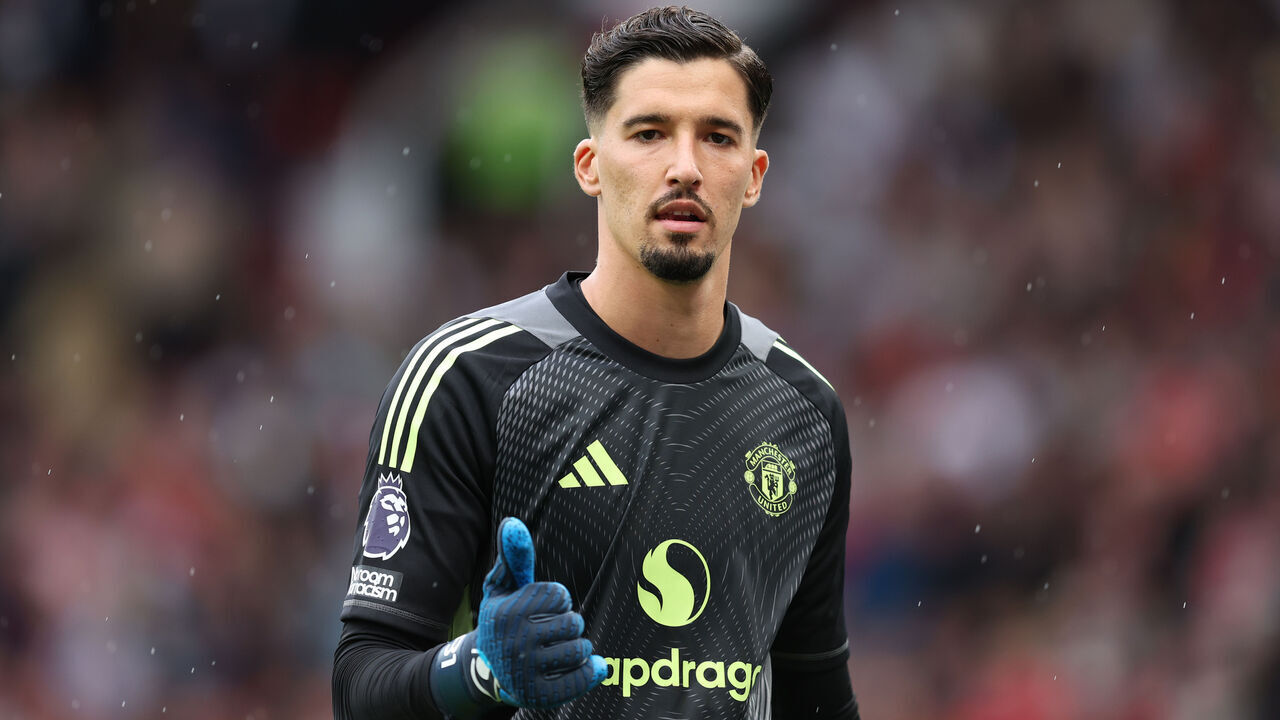 MANCHESTER, ENGLAND - AUGUST 30: Altay Bayindir of Manchester United reacts during the Premier League match between Manchester United and Burnley at Old Trafford on August 30, 2025 in Manchester, England.