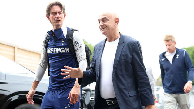 Tottenham Hotspur manager Thomas Frank (left) and chairman of Tottenham Hotspur Daniel Levy arrives to the stadium ahead of the pre-season friendly match at Kenilworth Road, Luton. Picture date: Saturday July 26, 2025.