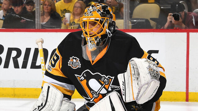 PITTSBURGH, PA - MAY 13: Marc-Andre Fleury #29 of the Pittsburgh Penguins protects the net against the Ottawa Senators in Game One of the Eastern Conference Final during the 2017 NHL Stanley Cup Playoffs at PPG Paints Arena on May 13, 2017 in Pittsburgh, Pennsylvania. *** Local Caption ***
