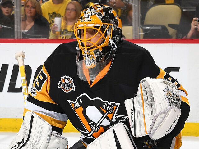 PITTSBURGH, PA - MAY 13: Marc-Andre Fleury #29 of the Pittsburgh Penguins protects the net against the Ottawa Senators in Game One of the Eastern Conference Final during the 2017 NHL Stanley Cup Playoffs at PPG Paints Arena on May 13, 2017 in Pittsburgh, Pennsylvania. *** Local Caption ***