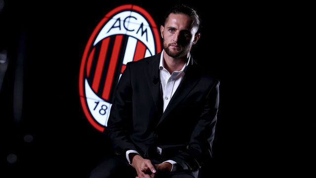 MILAN, ITALY - SEPTEMBER 12: New AC Milan player Adrien Rabiot looks on during his first interview at Casa Milan on September 12, 2025 in Milan, Italy.