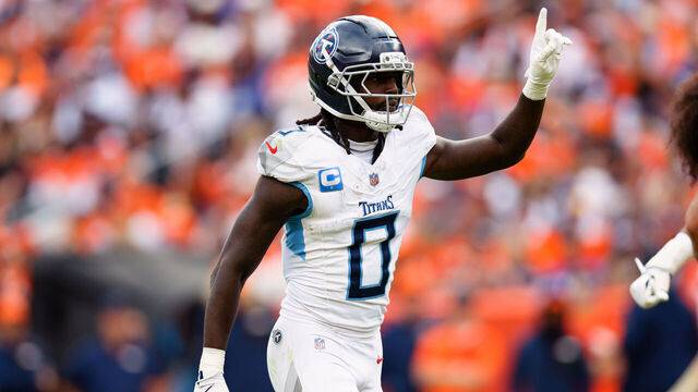 DENVER, CO - SEPTEMBER 7: Calvin Ridley #0 of the Tennessee Titans signals on the field during the fourth quarter against the Denver Broncos at Empower Field at Mile High on September 7, 2025 in Denver, Colorado.