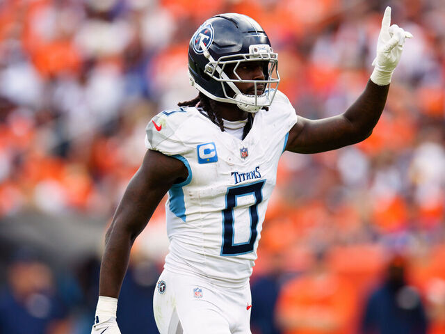 DENVER, CO - SEPTEMBER 7: Calvin Ridley #0 of the Tennessee Titans signals on the field during the fourth quarter against the Denver Broncos at Empower Field at Mile High on September 7, 2025 in Denver, Colorado.