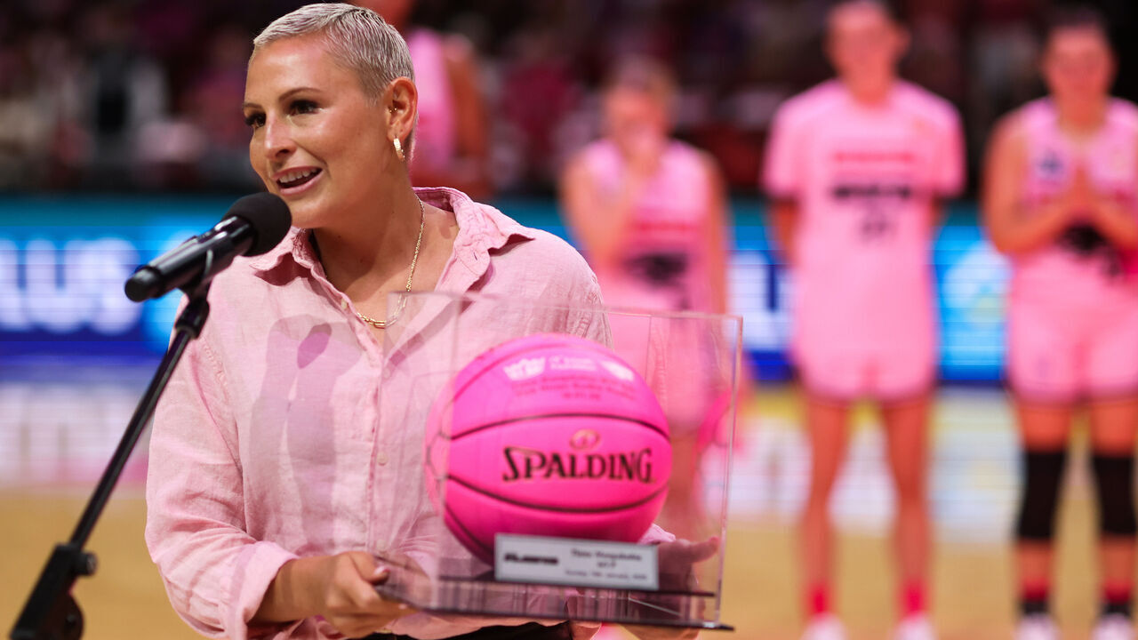 SYDNEY, AUSTRALIA - JANUARY 19: Former Sydney Flames player Tiana Mangakahia (diagnosed with breast cancer) speaks during the MVP ball presentation after the round 12 WNBL match between Sydney Flames and Adelaide Lightning at Qudos Bank Arena, on January 19, 2025, in Sydney, Australia.