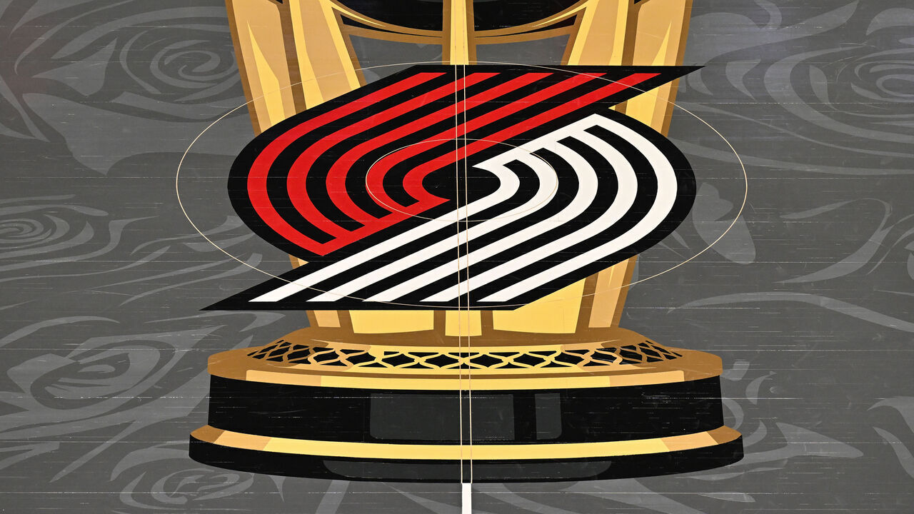 PORTLAND, OREGON - NOVEMBER 12: A view of the center court logo before the Emirates NBA Cup game between the Portland Trail Blazers and the Minnesota Timberwolves at Moda Center on November 12, 2024 in Portland, Oregon.