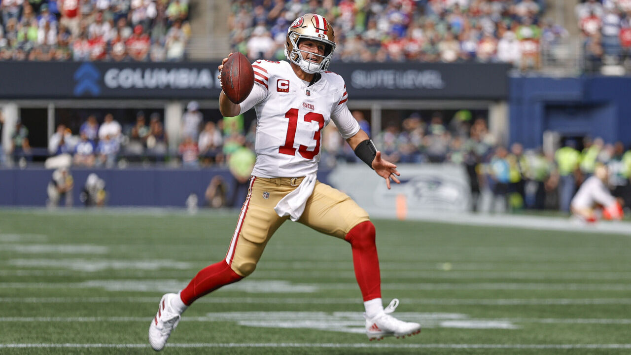 SEATTLE, WA - SEPTEMBER 7: Brock Purdy #13 of the San Francisco 49ers rushes during the game against the Seattle Seahawks at Lumen Field on September 7, 2025 in Seattle, Washington. The 49ers defeated the Seahawks 17-13.