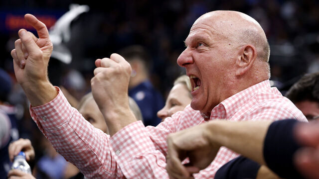 INGLEWOOD, CALIFORNIA - APRIL 24: Owner Steve Ballmer of the Los Angeles Clippers reacts against the Denver Nuggets during the fourth quarter in Game Three of the Western Conference First Round NBA Playoffs at Intuit Dome on April 24, 2025 in Inglewood, California.