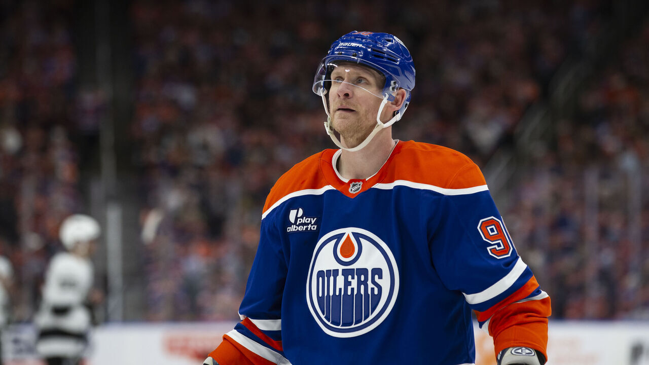 EDMONTON, CANADA - APRIL 27: Corey Perry #90 of the Edmonton Oilers skates against the Los Angeles Kings during the second period in Game Four of the First Round of the 2025 Stanley Cup Playoffs at Rogers Place on April 27, 2025 in Edmonton, Canada.
