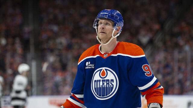 EDMONTON, CANADA - APRIL 27: Corey Perry #90 of the Edmonton Oilers skates against the Los Angeles Kings during the second period in Game Four of the First Round of the 2025 Stanley Cup Playoffs at Rogers Place on April 27, 2025 in Edmonton, Canada.