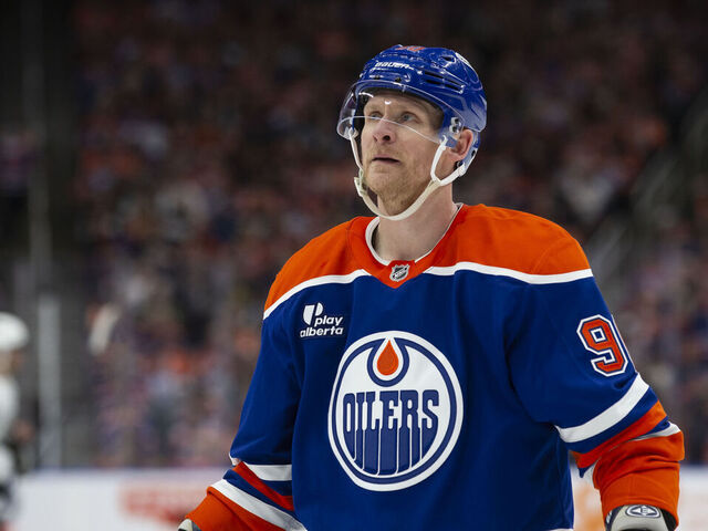 EDMONTON, CANADA - APRIL 27: Corey Perry #90 of the Edmonton Oilers skates against the Los Angeles Kings during the second period in Game Four of the First Round of the 2025 Stanley Cup Playoffs at Rogers Place on April 27, 2025 in Edmonton, Canada.