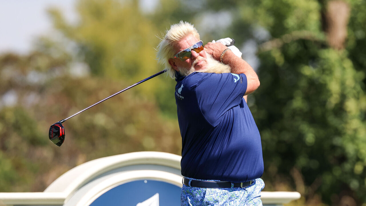 SIOUX FALLS, SOUTH DAKOTA - SEPTEMBER 12: John Daly of the United States hits a shot on the fourth tee during the first round of the Sanford International 2025 at Minnehaha Country Club on September 12, 2025 in Sioux Falls, South Dakota.