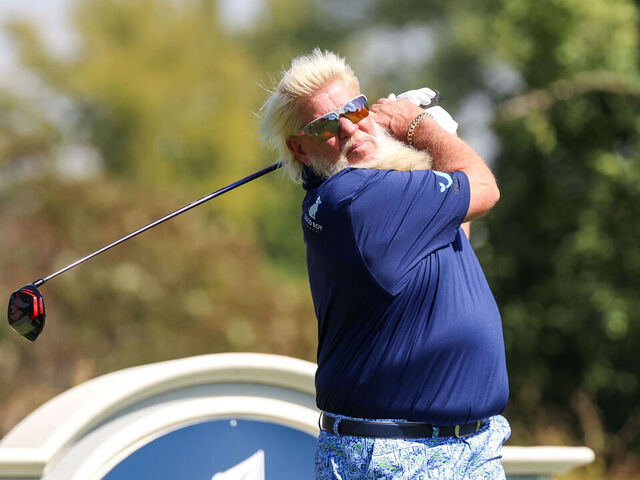 SIOUX FALLS, SOUTH DAKOTA - SEPTEMBER 12: John Daly of the United States hits a shot on the fourth tee during the first round of the Sanford International 2025 at Minnehaha Country Club on September 12, 2025 in Sioux Falls, South Dakota.