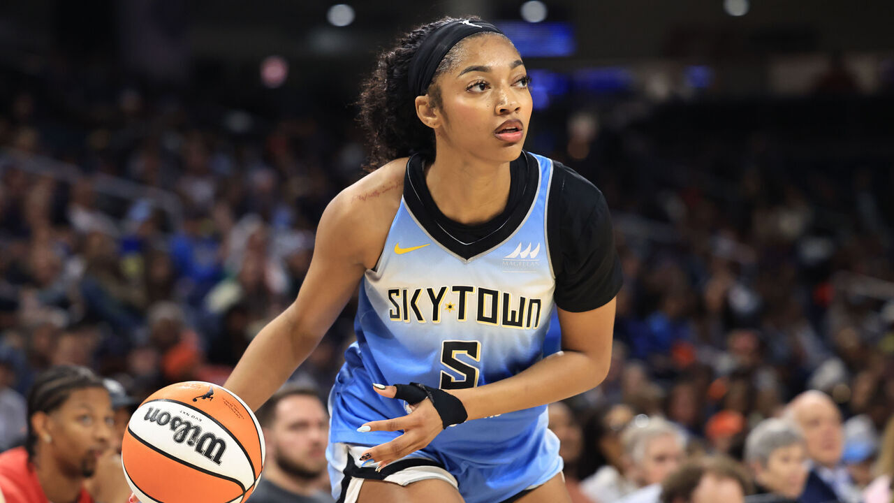 CHICAGO, ILLINOIS - SEPTEMBER 3: Angel Reese #5 of the Chicago Sky dribbles the ball against the Connecticut Sun at Wintrust Arena on September 3, 2025 in Chicago, Illinois.