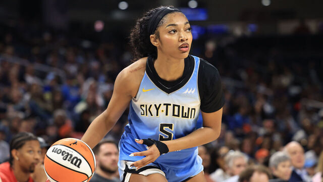 CHICAGO, ILLINOIS - SEPTEMBER 3: Angel Reese #5 of the Chicago Sky dribbles the ball against the Connecticut Sun at Wintrust Arena on September 3, 2025 in Chicago, Illinois.