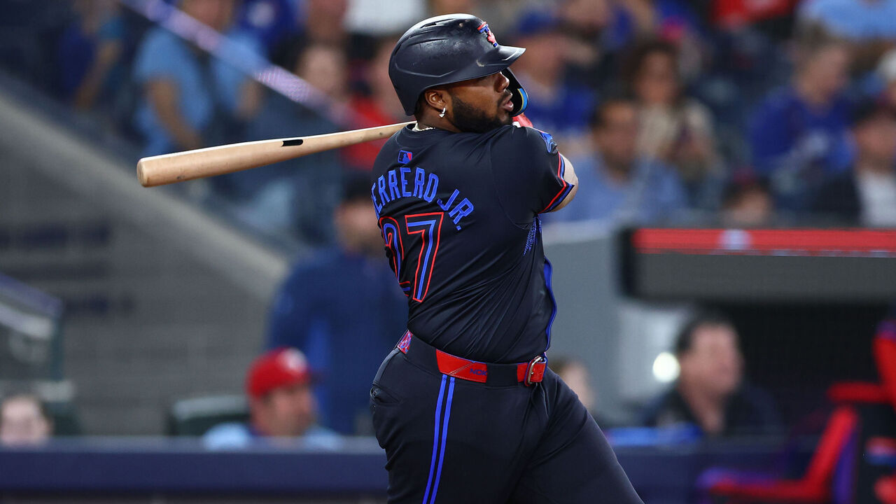 TORONTO, ON - SEPTEMBER 12: Vladimir Guerrero Jr. #27 of the Toronto Blue Jays hits a 1 run double in the fifth inning during a game against the Baltimore Orioles at Rogers Centre on September 12, 2025 in Toronto, Ontario, Canada.