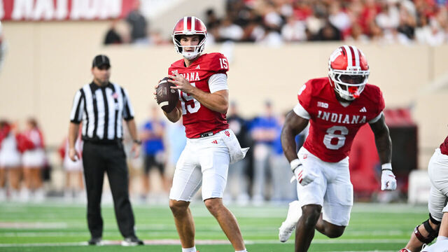 BLOOMINGTON, IN - SEPTEMBER 12: Indiana Hoosiers QB Fernando Mendoza (15) drops back into the pocket during a college football game between the Indiana State Sycamores and Indiana Hoosiers on September 12, 2025 at Memorial Stadium in Bloomington, IN