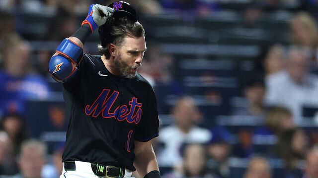 NEW YORK, NEW YORK - SEPTEMBER 12: Jeff McNeil #1 of the New York Mets reacts to a call during the fourth inning against the Texas Rangers at Citi Field on September 12, 2025 in the Queens borough of New York City.