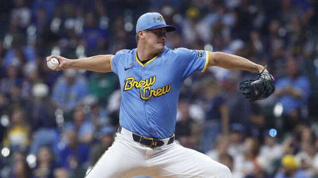 MILWAUKEE, WI - SEPTEMBER 12: Milwaukee Brewers pitcher Quinn Priester (46) pitches during a game between the Milwaukee Brewers and the St. Louis Cardinals on September 12, 2025 at American Family Field, in Milwaukee, Wisconsin.