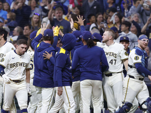 MILWAUKEE, WI - AUGUST 26: The Milwaukee Brewers celebrate their walk off victory during a game between the Milwaukee Brewers and the Arizona Diamondbacks at American Family Field on August 26, 2025 in Milwaukee, WI.
