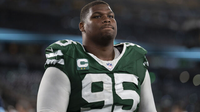 EAST RUTHERFORD, NEW JERSEY - SEPTEMBER 19: Quinnen Williams #95 of the New York Jets reacts as he walks off the field following an NFL football game between the New York Jets and the New England Patriots at MetLife Stadium on September 19, 2024 in East Rutherford, New Jersey.